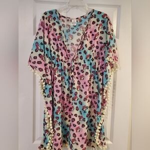 Vibrant Leopard Print Swim Coverup with Pom Pom Detail